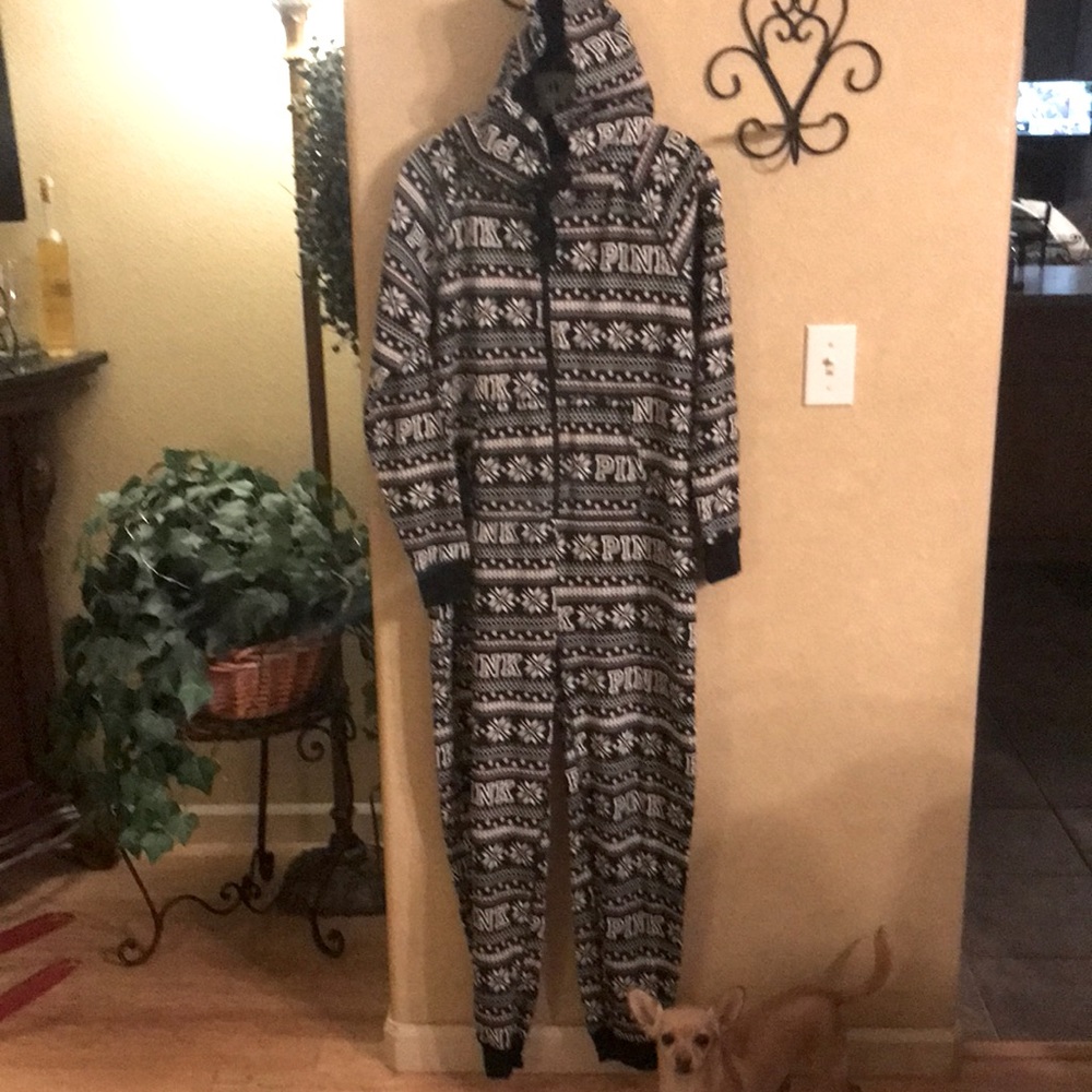 PINK Onesie just in time for the winter chill. Zip up with hoodie, gently used